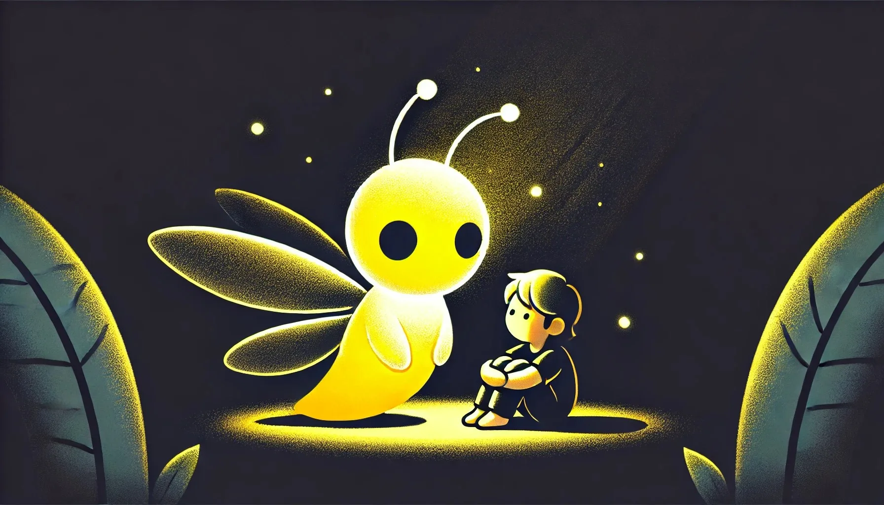 a big yellow firefly comforting a well-sibling sitting in the dark as seen in traditional therapy
