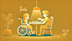 sibling with a physical disability playing chess with another sibling